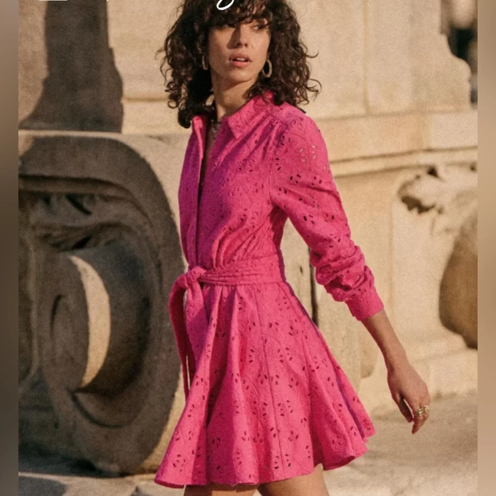 Sezane Sol pink Embroidered Eyelet Button Down Skater Skirt Dress size 8 - Picture 2 of 8